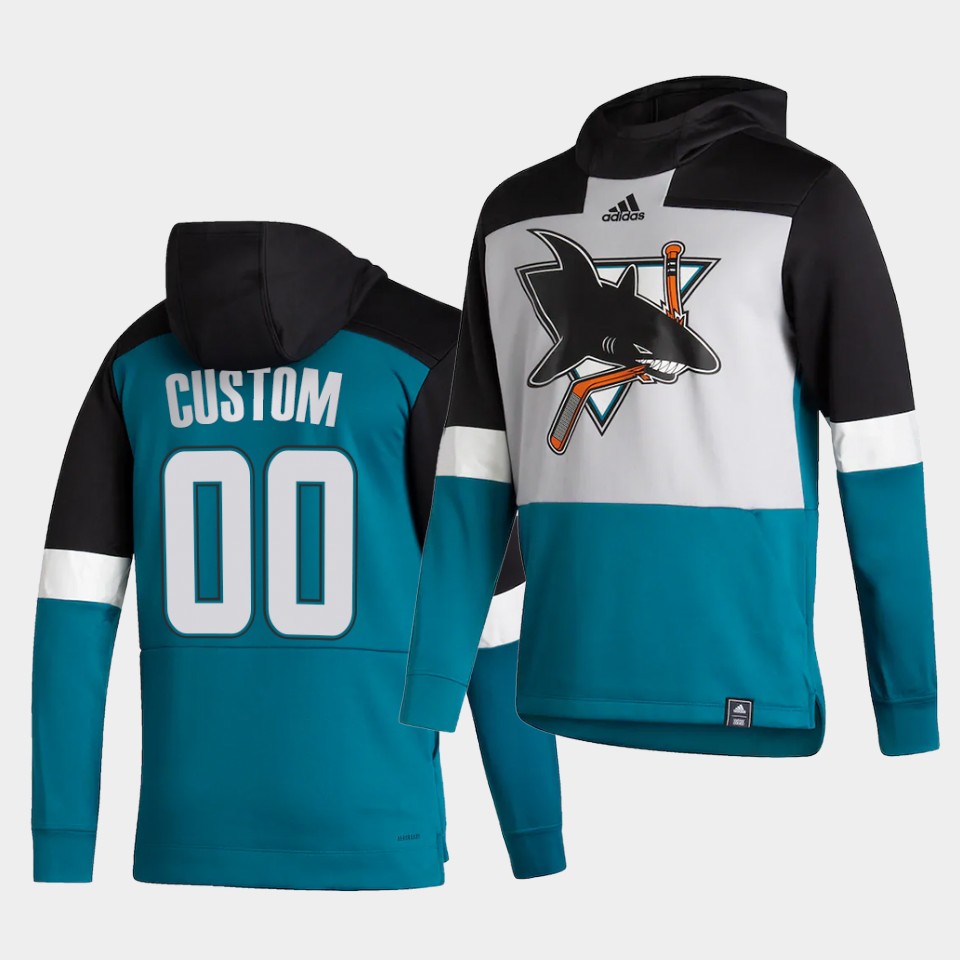 Men San Jose Sharks #00 Custom Blue NHL 2021 Adidas Pullover Hoodie Jersey